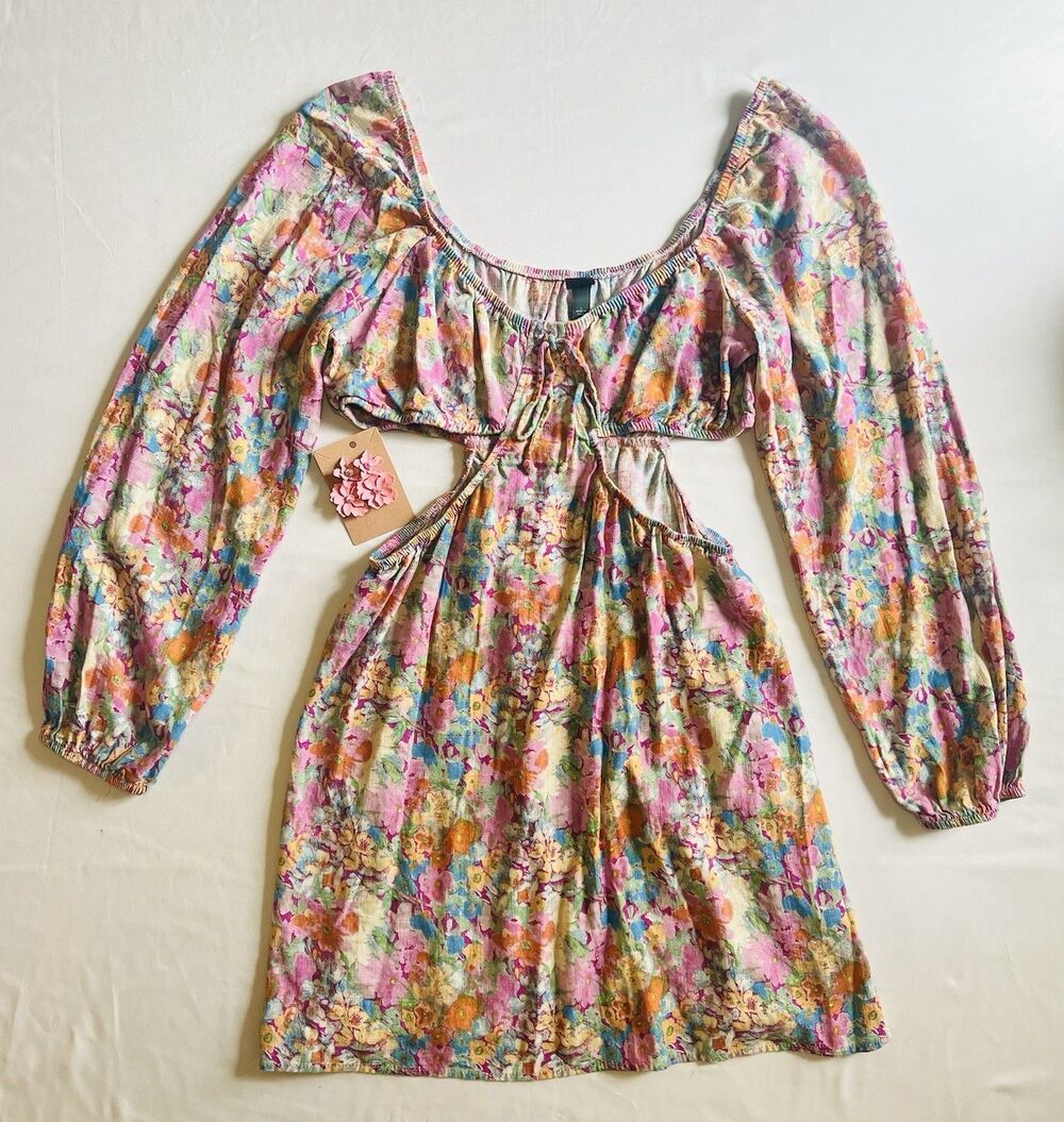 Wild Fable Floral Cutout Mini Dress L Pastel Boho Cottagecore Retro And Earrings